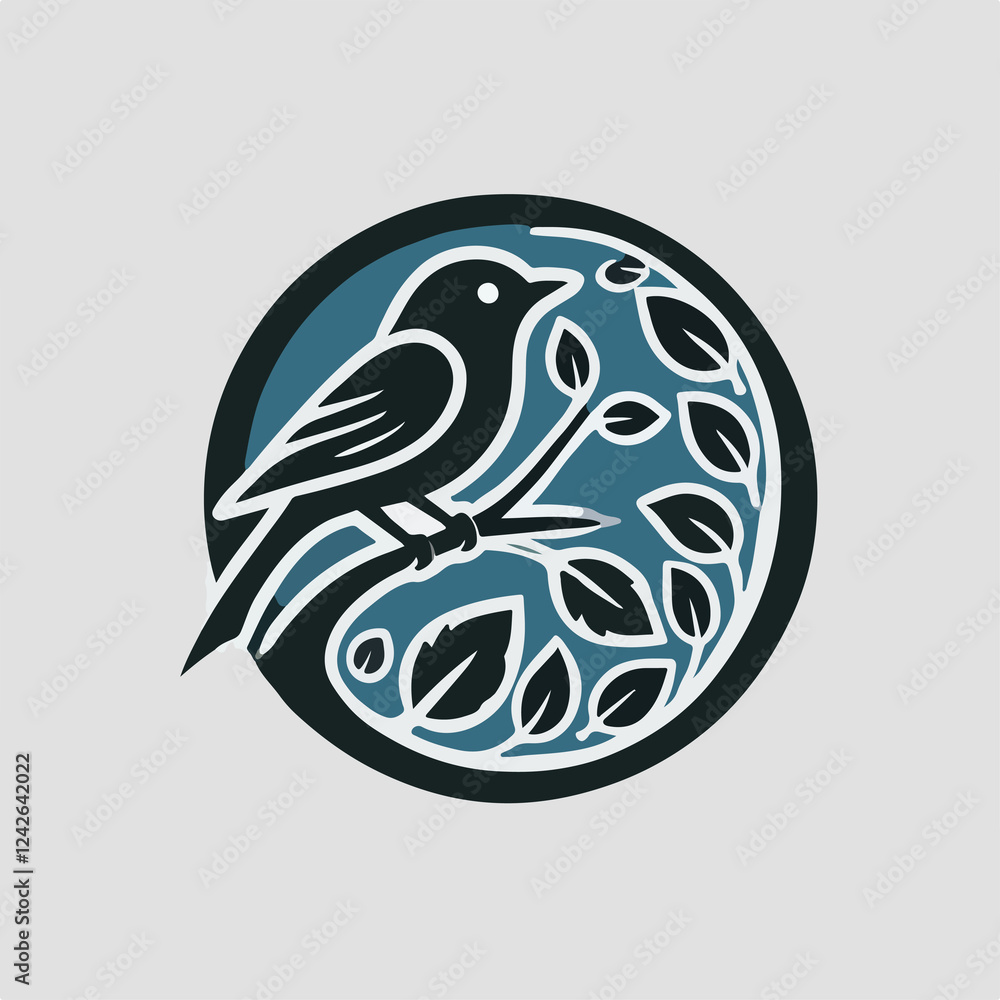 Icon illustrating a bird perched on a leafy branch within a circular border. Icon illustrating a bird perched on a leafy branch within a circular border.