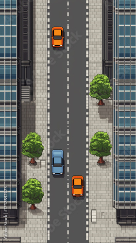 Pixel Art of highway with buildings background, pixel art game background, pixel art game background, cyber city background, vintage 80s background