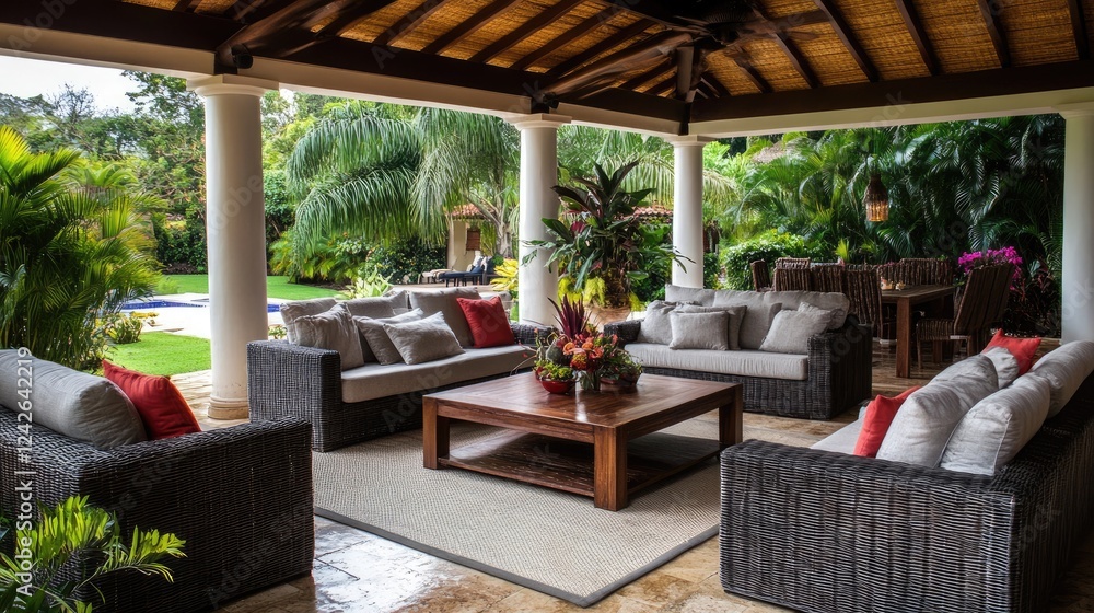 Fototapeta premium Luxurious villa outdoor lounge with tropical plants, modern furniture, and a relaxing vibe.