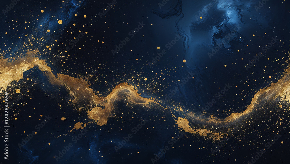 Obraz premium Deep space cosmic abstract background with glowing gold accents on a dark blue texture, ideal for fantasy, sci-fi, and celestial-themed designs