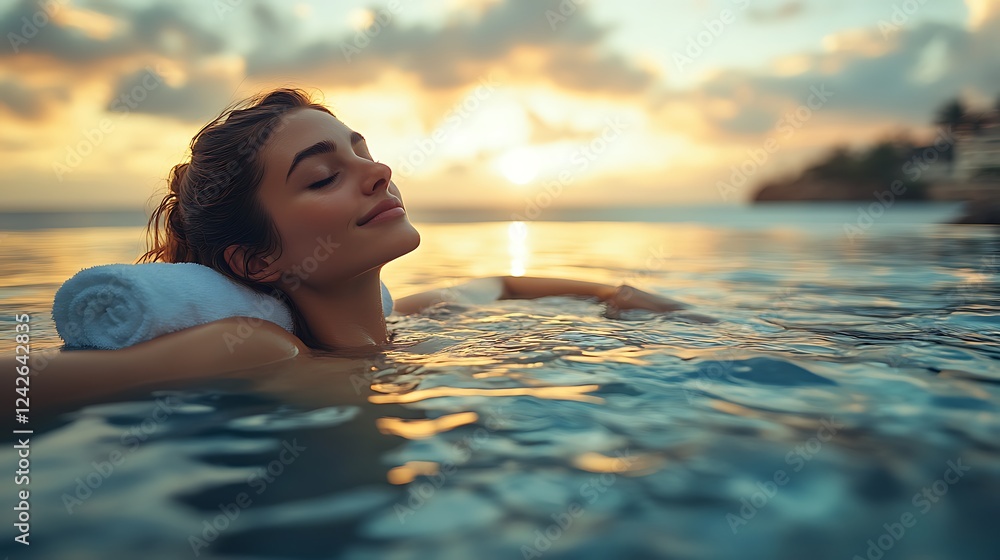 A woman relaxing in the corner of an infinity pool with her head resting on a towel, enjoying the peaceful atmosphere at a spa resort hotel A woman relaxing in the corner of an infinity pool with her head resting on a towel, enjoying the peaceful atmosphere at a spa resort hotel