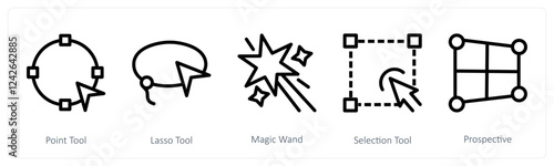 A set of 5 design icons as point tool, lasso tool, magic wand