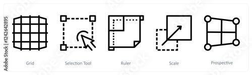 A set of 5 design icons as grid, selection tool, ruler