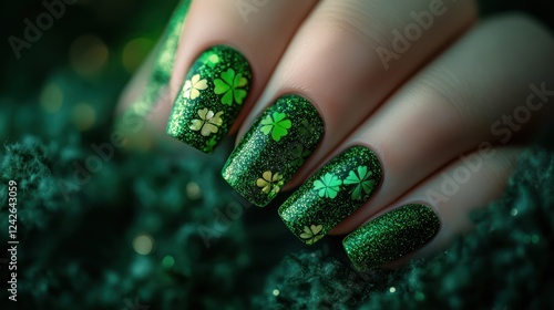Green clover nail art, St. Patrick's Day, close-up, bokeh