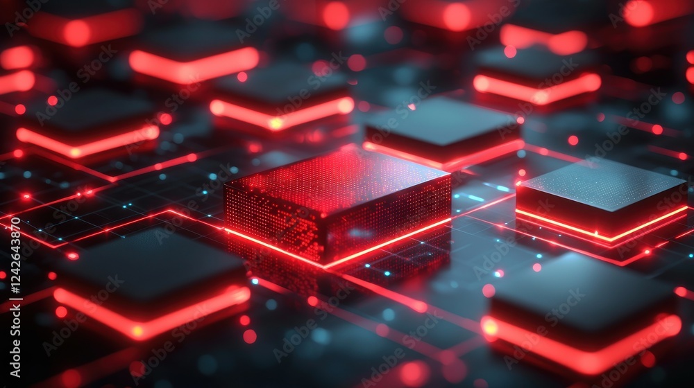 Fototapeta premium Red cube network data center glowing circuits technology