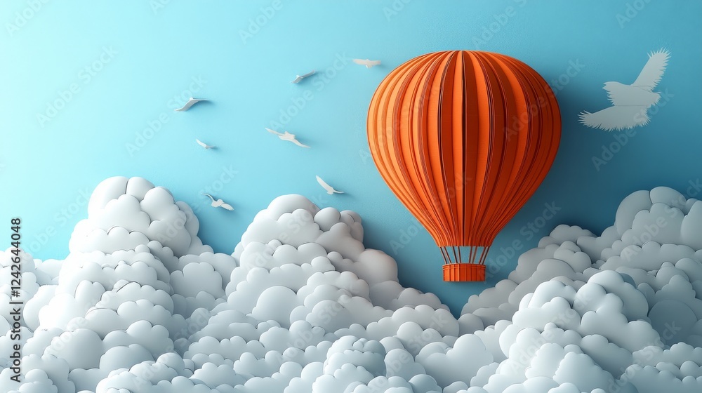 Obraz premium An Orange Hot Air Balloon Soaring Through a Paper-Cut Cloud Sky, Surrounded by Paper Birds in Flight: A Whimsical Journey of Dreams and Imagination