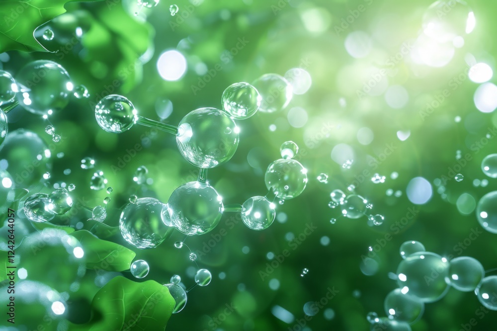 Artistic representation of molecules, likely water molecules, floating in a green, nature-inspired background Artistic representation of molecules, likely water molecules, floating in a green, nature-inspired background