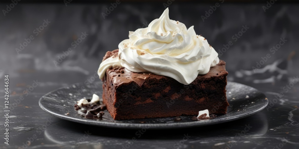 Decadent, indulgent, and rich chocolate brownie on a black marble surface with whipped cream, sumptuous treat , indulgent Decadent, indulgent, and rich chocolate brownie on a black marble surface with whipped cream, sumptuous treat , indulgent