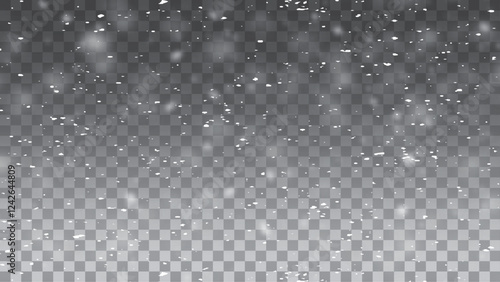 Falling snow isolated on transparent background. Nature Winter texture with motion real snowflakes in calm weather. Beautiful natural pattern of snow. Template for design, post-production
