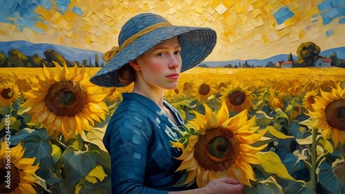 il painting, art style, classical meets post-impressionism, woman with a pearl earring, sunflower field painting, 8K ultra high-resolution artwork, fine art oil painting, artistic bru photo