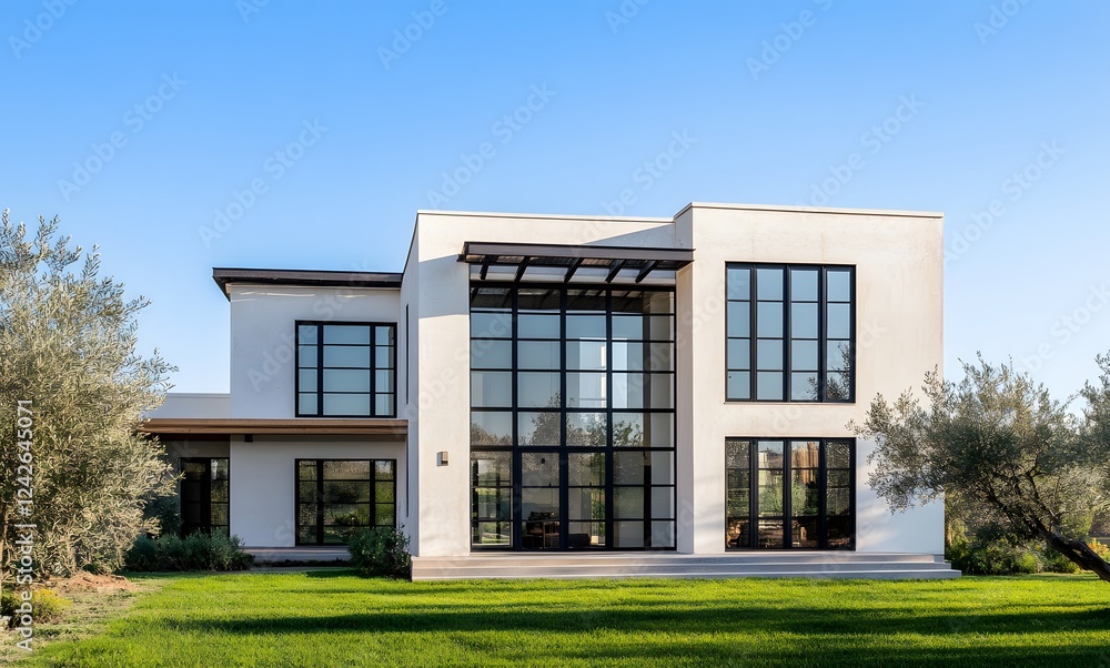 Modern White House with Large Black Windows and Green Lawn Modern White House with Large Black Windows and Green Lawn