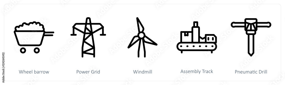 A set of 5 industry icons as wheel barrow, power grid, windmill A set of 5 industry icons as wheel barrow, power grid, windmill