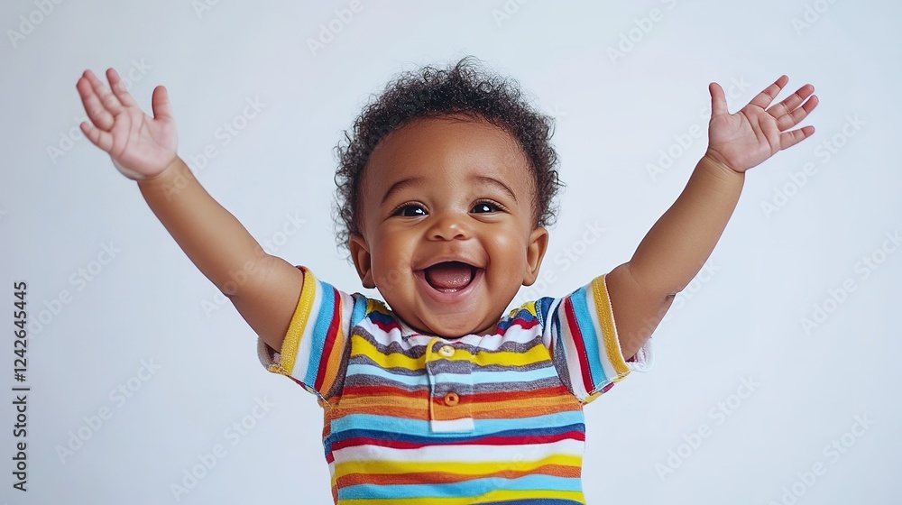Adorable baby with a big smile, arms raised in happiness, expressing pure joy on a white background Adorable baby with a big smile, arms raised in happiness, expressing pure joy on a white background
