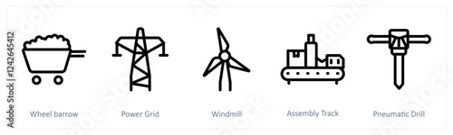 A set of 5 industry icons as wheel barrow, power grid, windmill