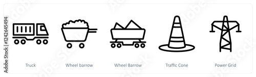 A set of 5 industry icons as truck, wheel barrow, traffic cone