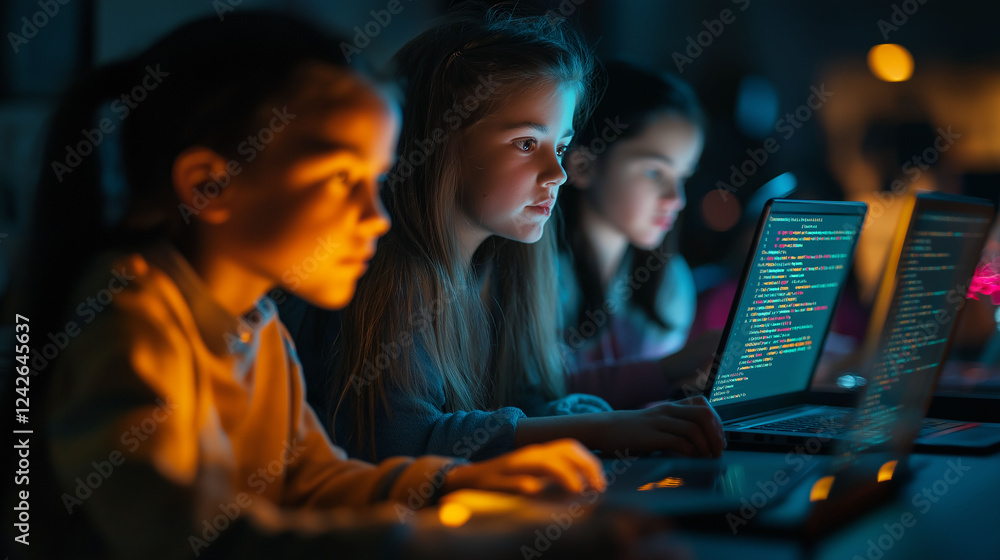 Obraz premium A modern image of young girls engaged in coding during a workshop, their faces lit by the glow of their laptops, their screen filled with lines of code