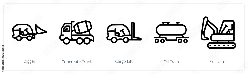 A set of 5 industry icons as digger, concrete truck, cargo lift A set of 5 industry icons as digger, concrete truck, cargo lift