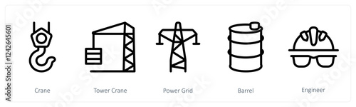 A set of 5 industry icons as crane, tower crane, power grid