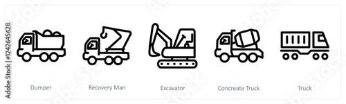 A set of 5 industry icons as dumper, recovery man, excavator