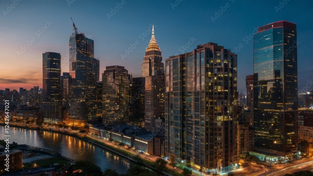 Fototapeta premium Twilight Cityscape: Modern Architecture and River Reflections
