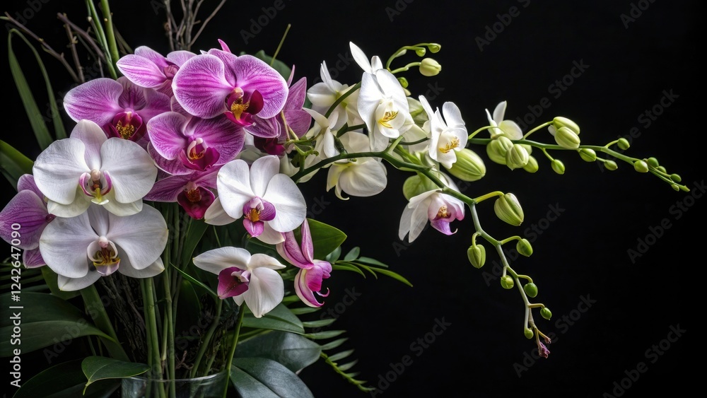 Obraz premium Delicate orchid flowers arranged in a lush bouquet on a dark black background creating a stunning visual effect, elegant, flowers, nature, sophisticated