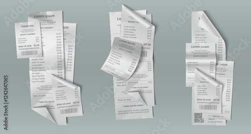 Paper bill receipt pile mockup - scattered payment documents with prices, barcodes and transaction details. Thermal printed slips in heaps - various retail, restaurant or service checkout formats.