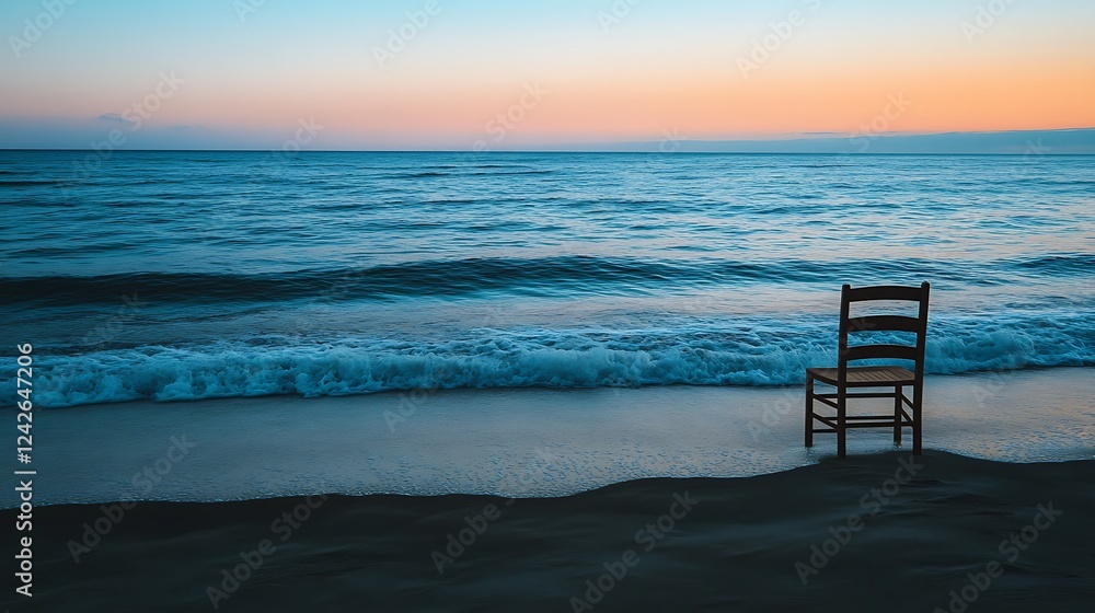 A calm beachside evening with a lone chair facing the horizon and soft waves gently lapping the shore A calm beachside evening with a lone chair facing the horizon and soft waves gently lapping the shore