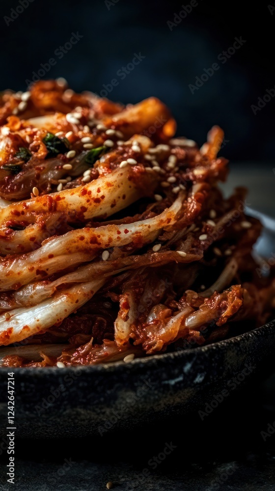 Kimchi in a rustic ceramic bowl with sesame seeds and green onions on a dark textured background. Moody food photography with natural lighting Kimchi in a rustic ceramic bowl with sesame seeds and green onions on a dark textured background. Moody food photography with natural lighting