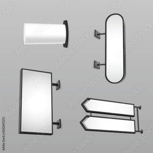 Signage mockup set with minimalist wall mounted designs - cylindrical light panel, vertical rectangle frame, capsule display and directional arrow boards. Black framed templates for branding display.