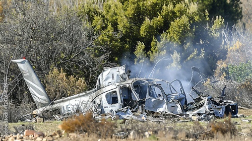 Close-up of helicopter wreckage in dense forest with smoke rising and scattered debris, depicting destruction and disaster aftermath,ideal for emergency response, aviation safety, environmental impact