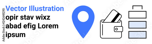 Vector icons of a blue geolocation pin, wallet with cards, and server rack. Ideal for tech, finance, navigation, data management, information security and web services themes. Landing page