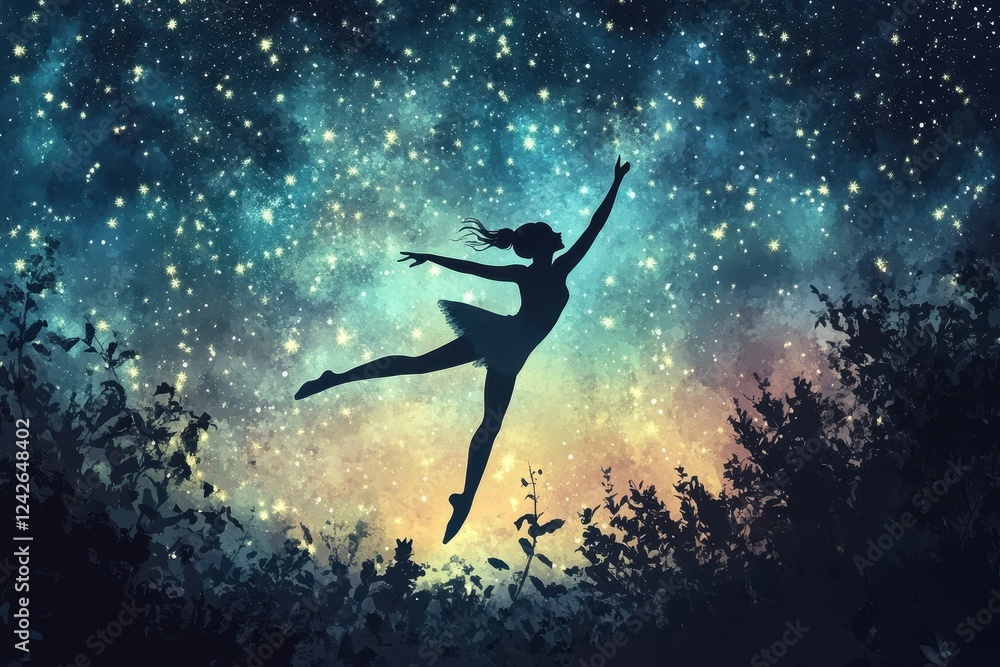 Naklejka premium Ballerina Silhouette Dancing Amongst Night Sky Stars