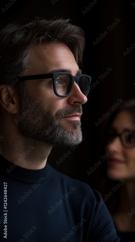 Stylish man wearing glasses with a thoughtful expression, illuminated by soft light in a cozy indoor setting Stylish man wearing glasses with a thoughtful expression, illuminated by soft light in a cozy indoor setting