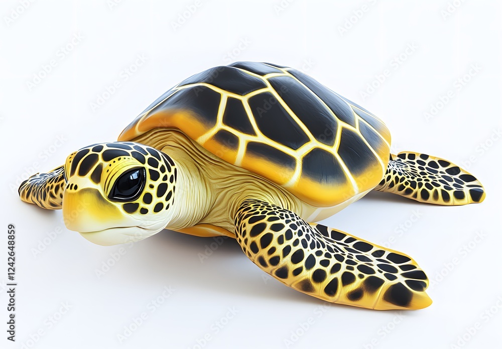 Obraz premium Adorable Cartoon Sea Turtle Crawling On White Background