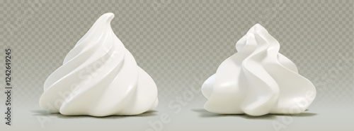 Whipped cream swirls set isolated on transparent background. Vector realistic illustration of 3d cake, pie, dessert or cupcake decoration, sweet vanilla mousse topping, white creamy icing, side view