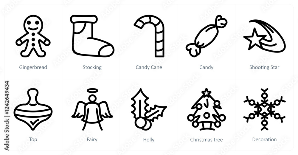 Fototapeta premium A set of 10 christmas icons as gingerbread, stocking, cancy cane