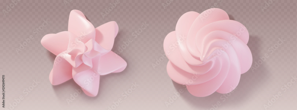 Pink whipped cream swirls set isolated on transparent background. Vector realistic illustration of 3d cake, pie, dessert or cupcake decoration, sweet vanilla mousse topping, creamy icing, top view Pink whipped cream swirls set isolated on transparent background. Vector realistic illustration of 3d cake, pie, dessert or cupcake decoration, sweet vanilla mousse topping, creamy icing, top view