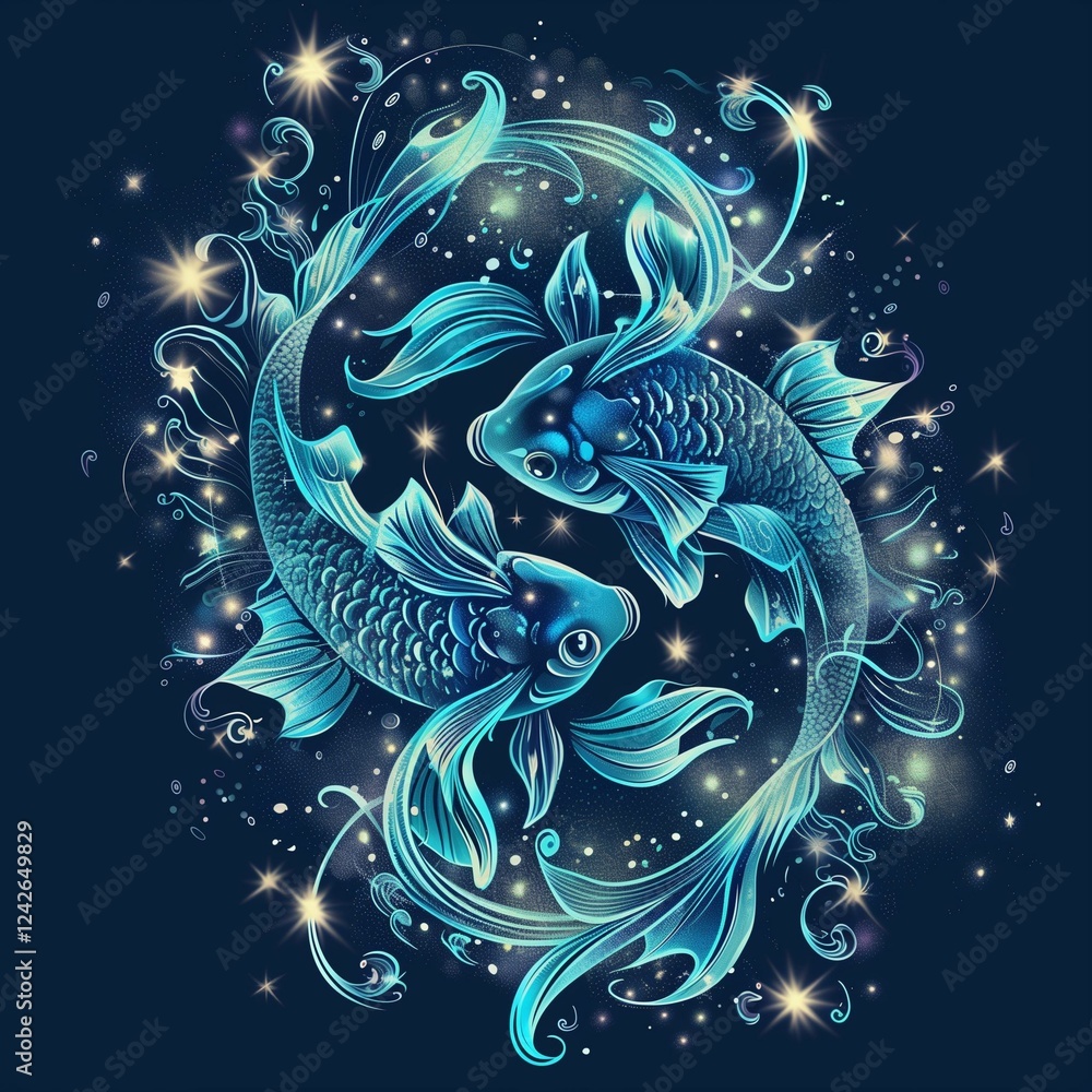Pisces Zodiac Sign with Glowing Twin Fish and Starry Essence Pisces Zodiac Sign with Glowing Twin Fish and Starry Essence