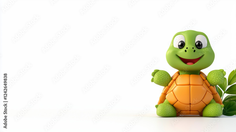 Fototapeta premium cheerful cartoon turtle with green shell and big eyes stands on white background, exuding playful and friendly vibe. turtle is accompanied by green leaves, adding touch of nature to scene