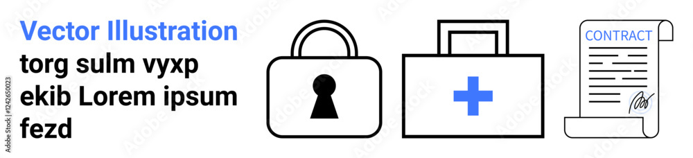 Lock, medical briefcase, and signed contract icons signify security, healthcare, and legal agreements. Ideal for business compliance, health services, secure transactions, legal contracts medical Lock, medical briefcase, and signed contract icons signify security, healthcare, and legal agreements. Ideal for business compliance, health services, secure transactions, legal contracts medical