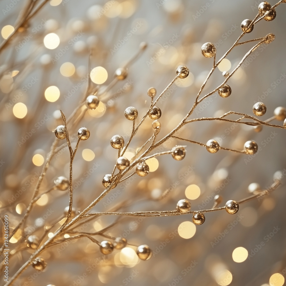 Obraz premium Elegant golden branches with shimmering beads create festive atmosphere, perfect for holiday celebrations and New Year decorations