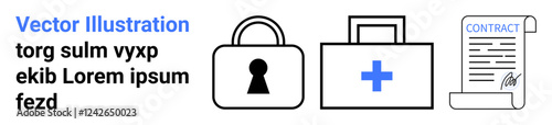 Lock, medical briefcase, and signed contract icons signify security, healthcare, and legal agreements. Ideal for business compliance, health services, secure transactions, legal contracts medical