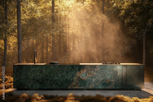 Modern outdoor kitchen design, sleek dark green marble countertop, serene forest backdrop. photo