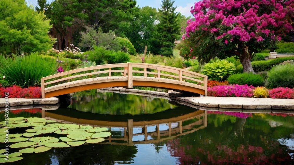 Serene Garden Bridge Reflecting in a Tranquil Pond Serene Garden Bridge Reflecting in a Tranquil Pond