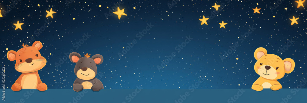 Fototapeta premium Three Cartoon Bears Stargazing at Night - Three adorable cartoon bears look up at the night sky, filled with twinkling stars. Symbolizing friendship, wonder, dreams, night, and the cosmos.