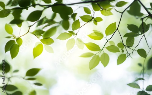 Sunlit green leaves, forest bokeh, nature background, spring banner