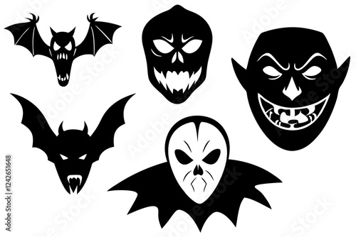 Fright Night Halloween Masks – Spooky Vector Illustration & Line Art Set