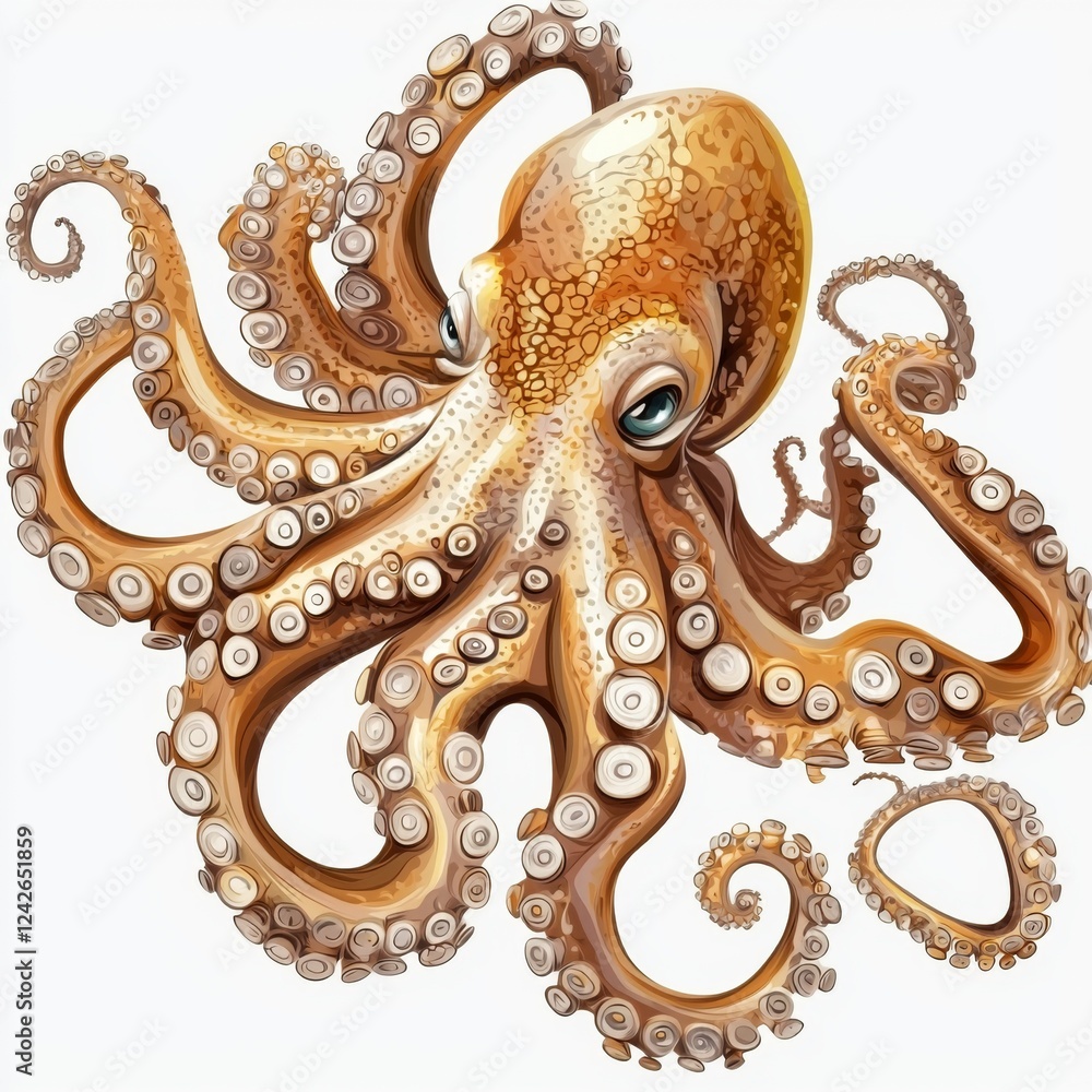 Obraz premium Colorful Cartoon Octopus with Big Eyes and Spiraling Tentacles on White Background