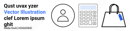 User icon, calculator, shopping bag with tag representing account management, budgeting, online shopping, retail, personal finance, e-commerce payment methods. Ideal for web design flat landing