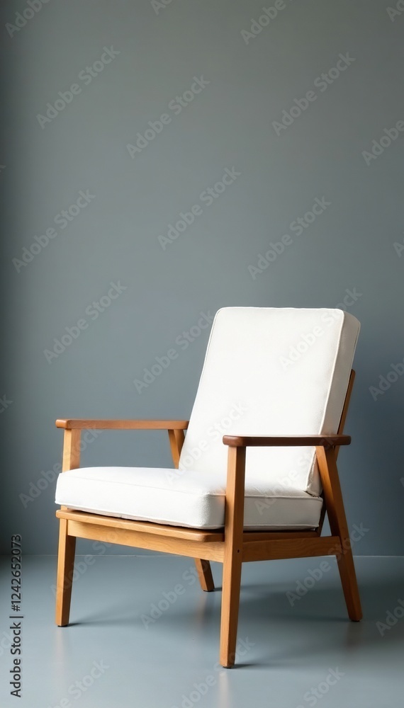 Fototapeta premium White upholstered chair on wooden frame, grey backdrop , wood, upholstered chair, image